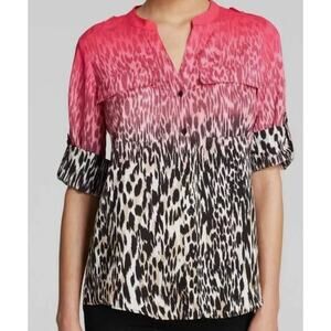 Calvin Klein Size EST L Leopard Print Blouse Pink Ombre Button Up Rolltab